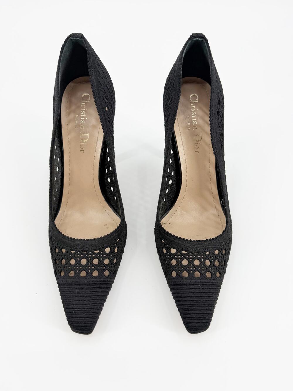 Dior Capture Black Cannage Mesh Suede Pointed Comma Heel Pumps Size 36.5 EU 6.5